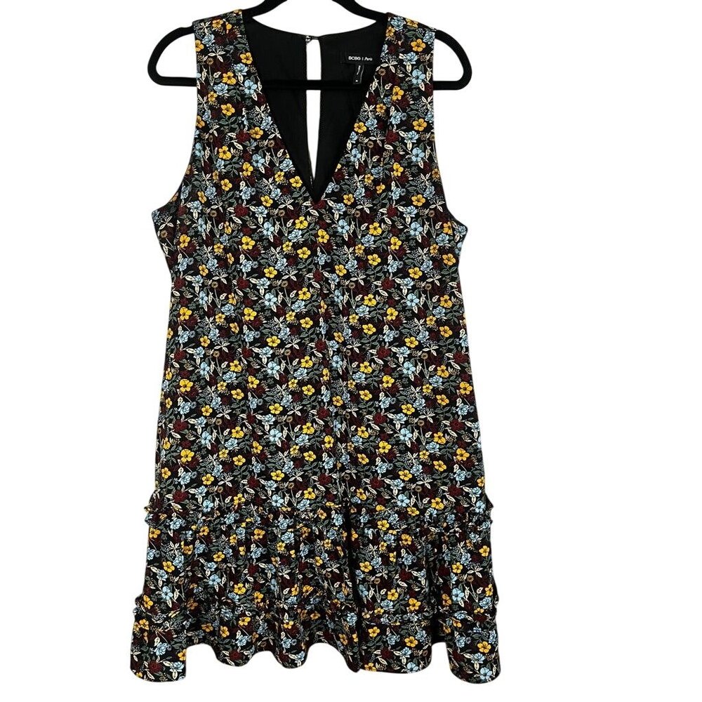 Colorful Floral Tank Mini Dress Black XL Boho Indie Folk Tiered Preppy Retro